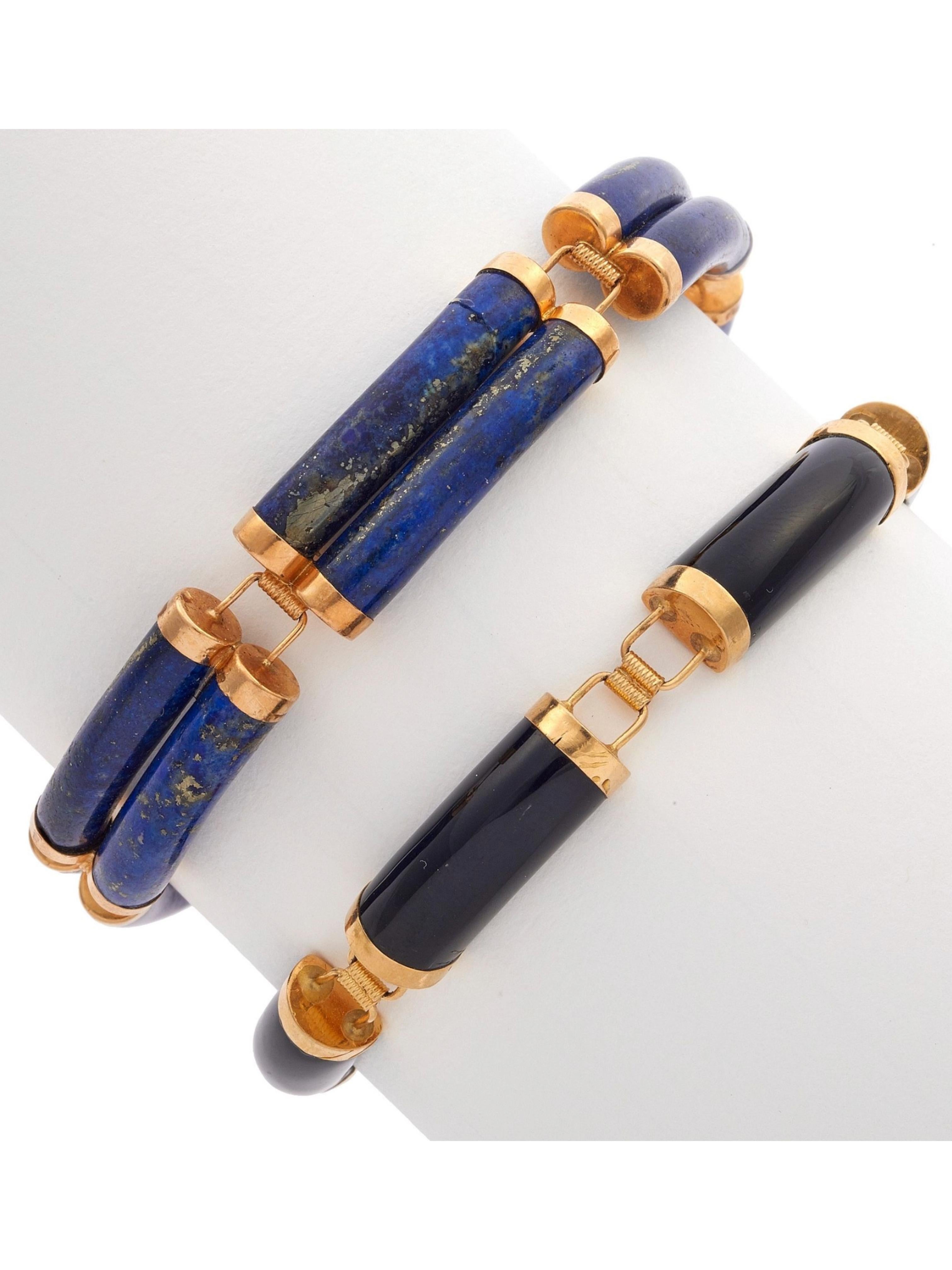 Vintage 14k Lapis Lazuli Two Bar Link Station Bracelet Chinese Good Luck Fortune For Sale 5