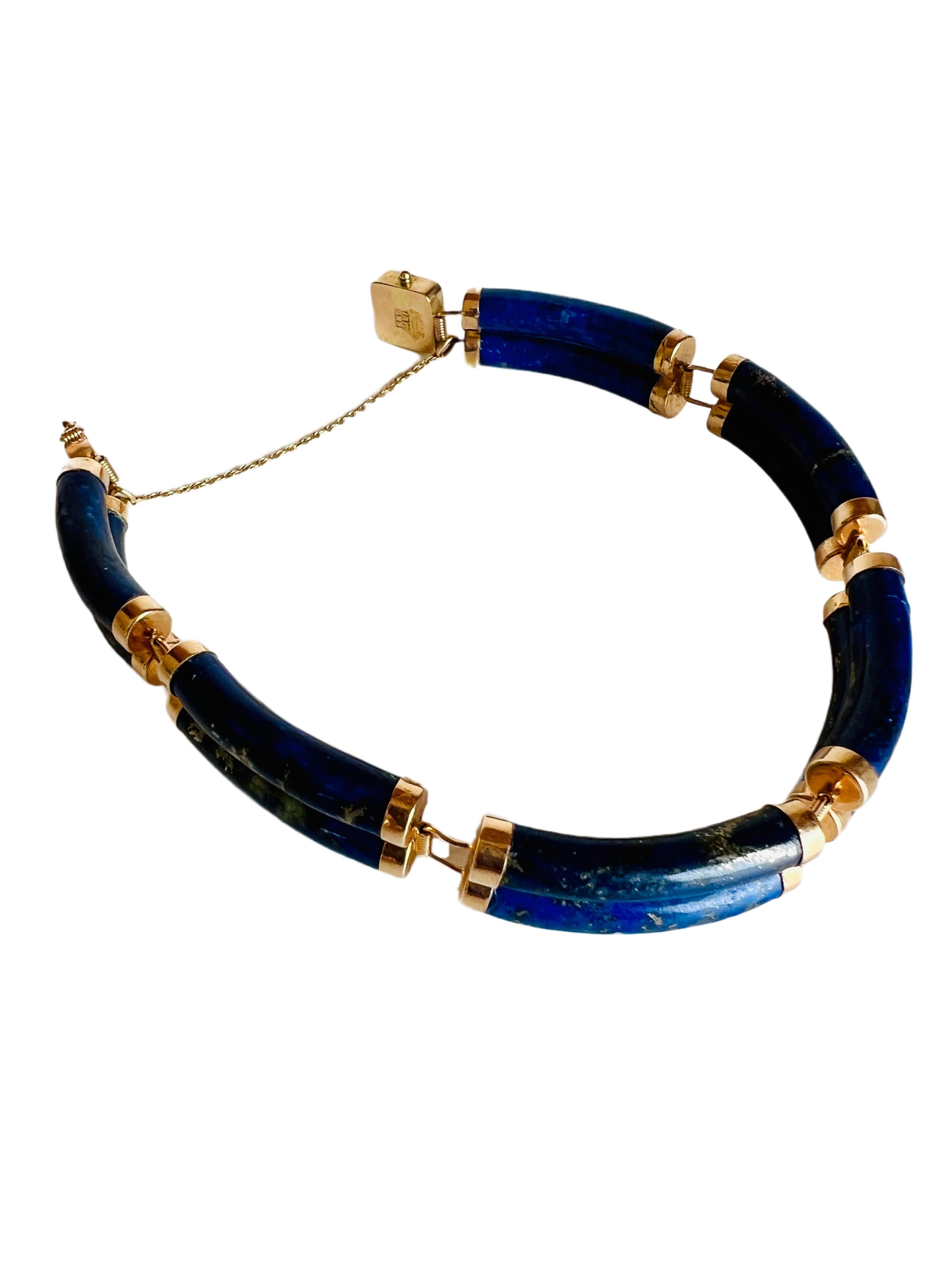 Art Deco Vintage 14k Lapis Lazuli Two Bar Link Station Bracelet Chinese Good Luck Fortune For Sale
