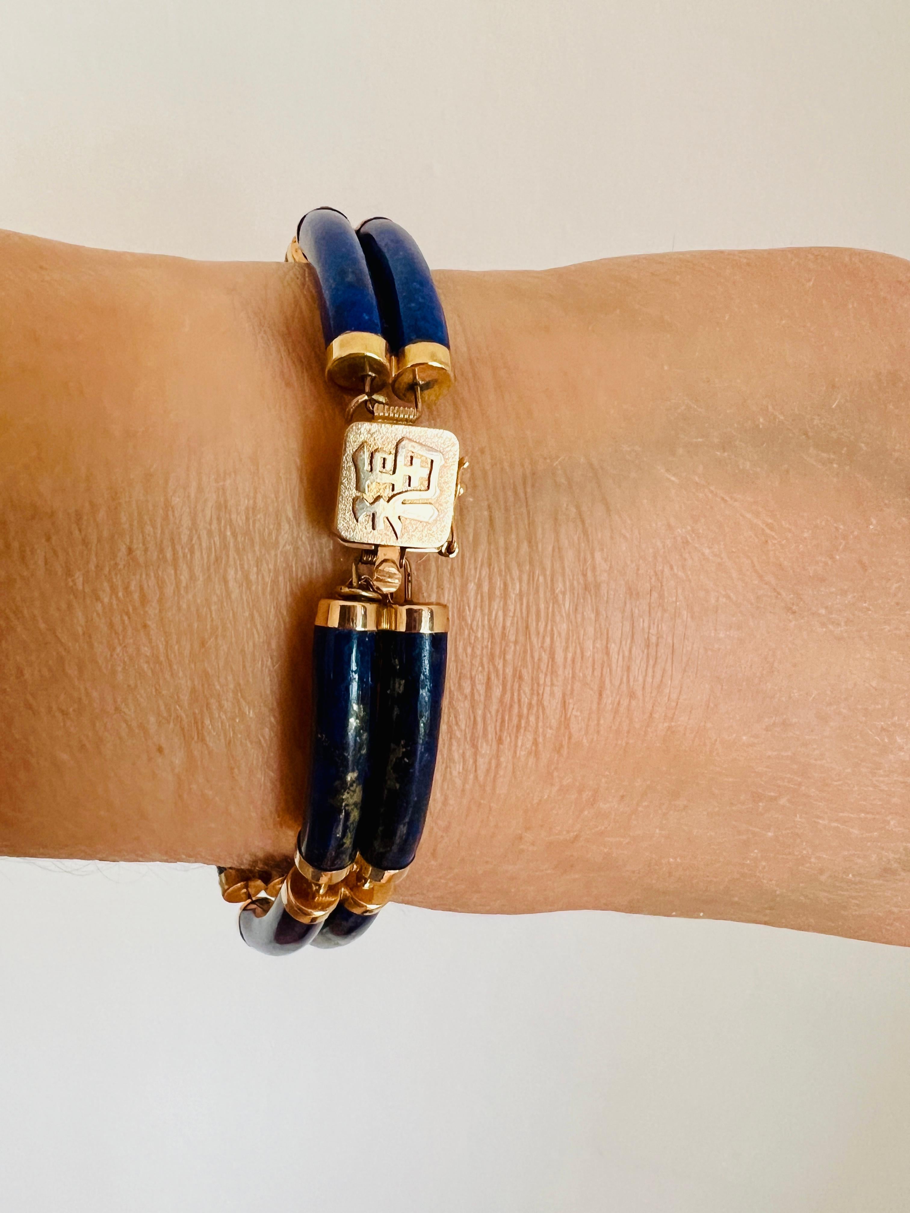 Women's Vintage 14k Lapis Lazuli Two Bar Link Station Bracelet Chinese Good Luck Fortune For Sale