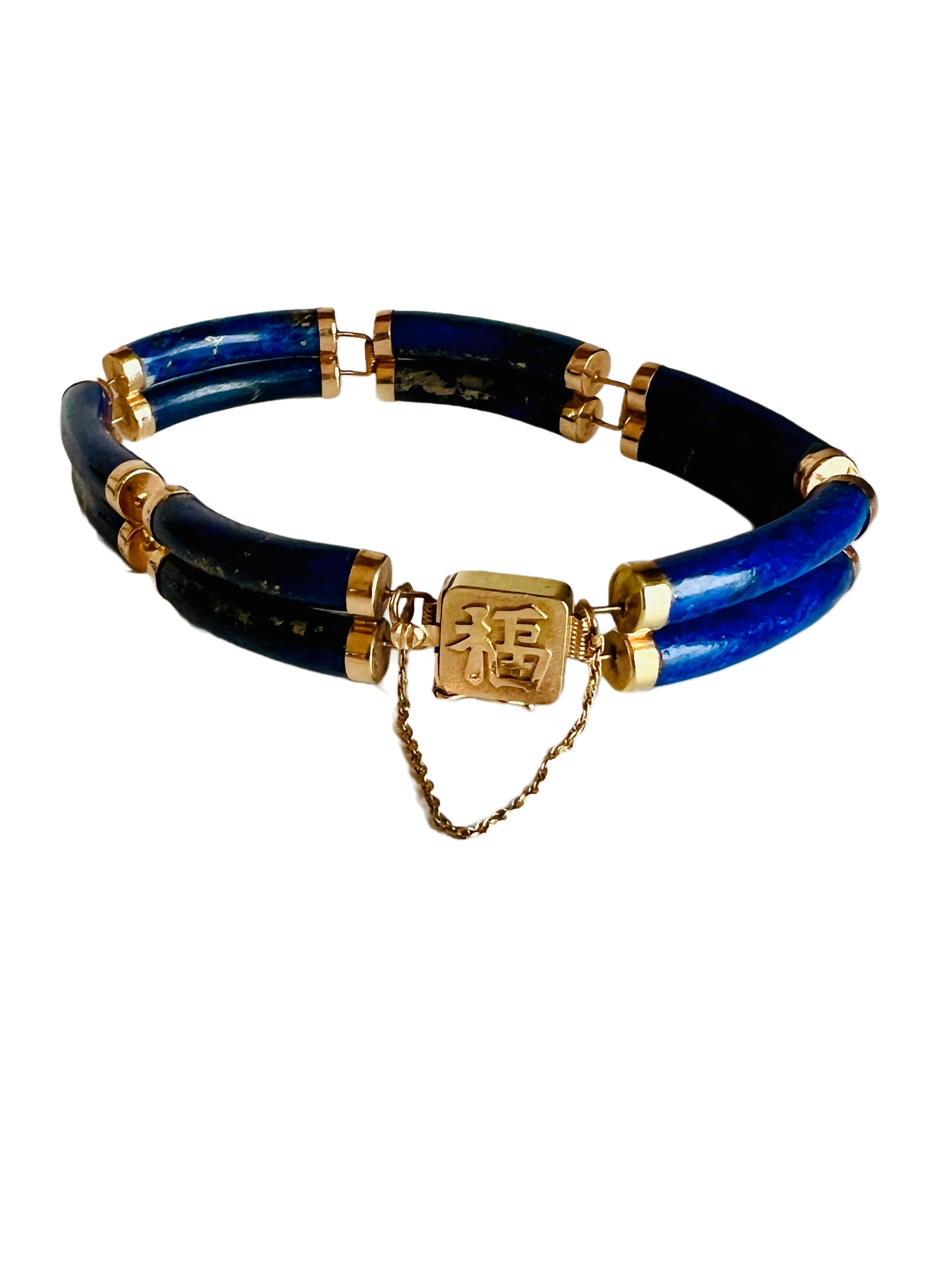 Chinesisches 14k Lapislazuli-Lazuli-Gliederarmband mit zwei Bar-Gliederarmband, Chinesisches Glücks Glücksbringer im Angebot 1