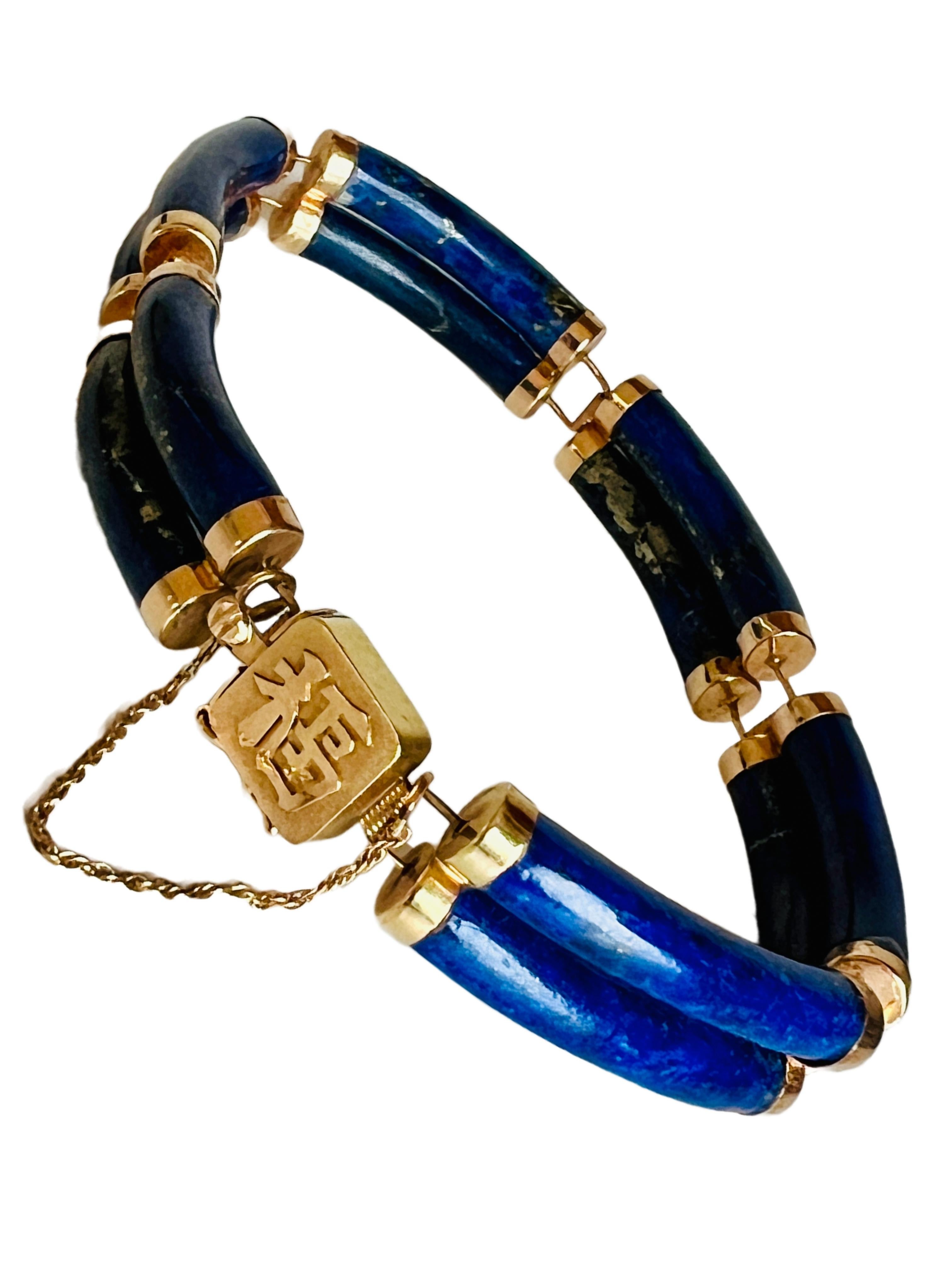 Vintage 14k Lapis Lazuli Two Bar Link Station Bracelet Chinese Good Luck Fortune For Sale 2