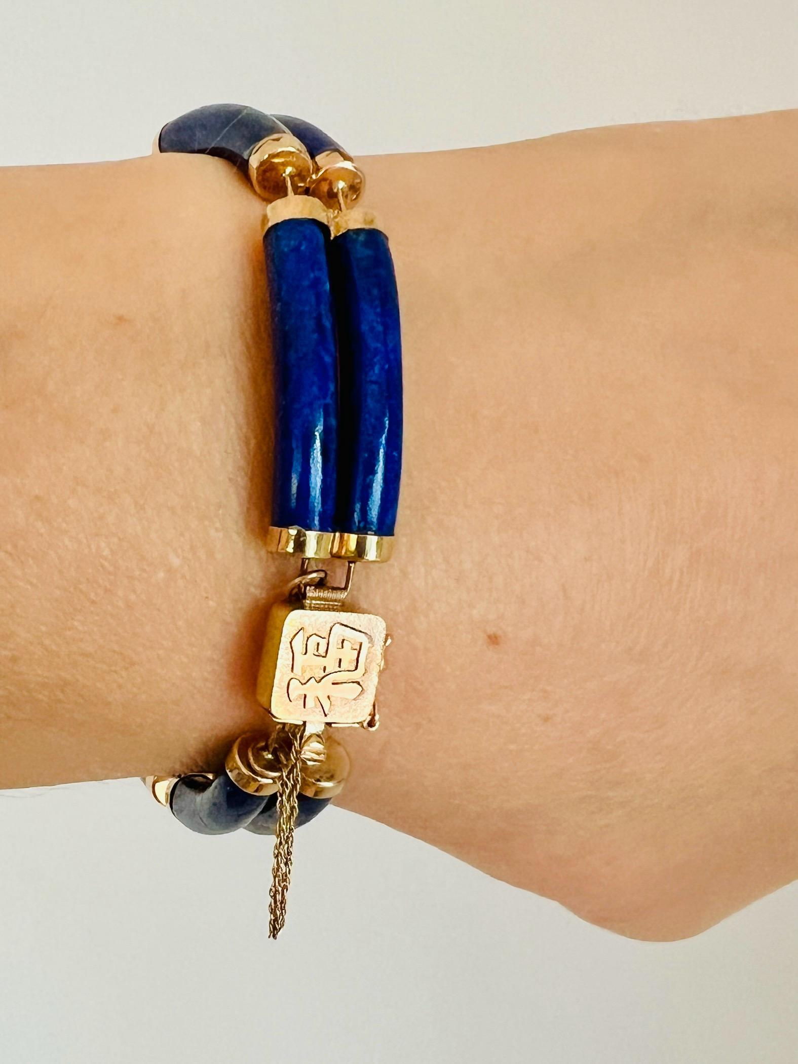 Vintage 14k Lapis Lazuli Two Bar Link Station Bracelet Chinese Good Luck Fortune For Sale 3