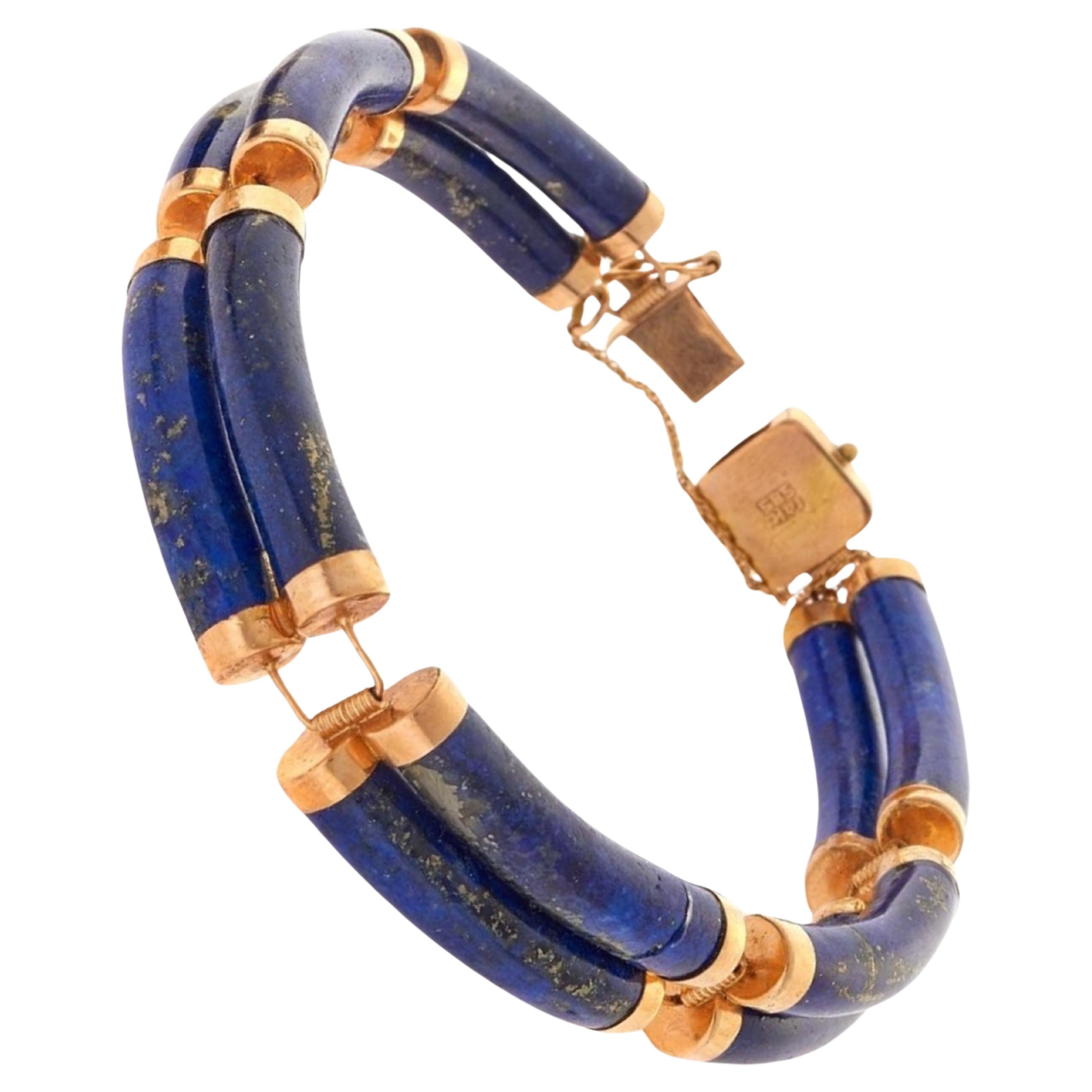 Vintage 14k Lapis Lazuli Two Bar Link Station Bracelet Chinese Good Luck Fortune For Sale