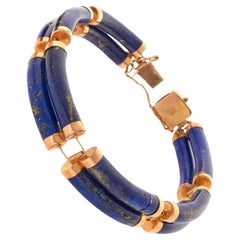 Antique 14k Lapis Lazuli Two Bar Link Station Bracelet Chinese Good Luck Fortune