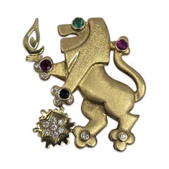 Vintage 14K Lion Brooch in Emerald, Ruby, Sapphire & Diamond 1.34ctw