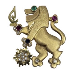 Vintage 14K Lion Brooch in Emerald, Ruby, Sapphire & Diamond 1.34ctw