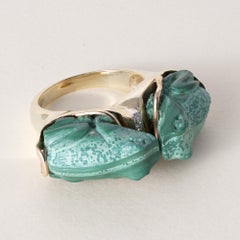 Vintage 14K Malachite and Diamond Kissing Frogs Artisan Ring