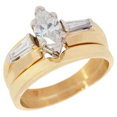 Vintage 14k Marquise Cut Diamond Engagement Ring and Wedding Band Set 0.65ct
