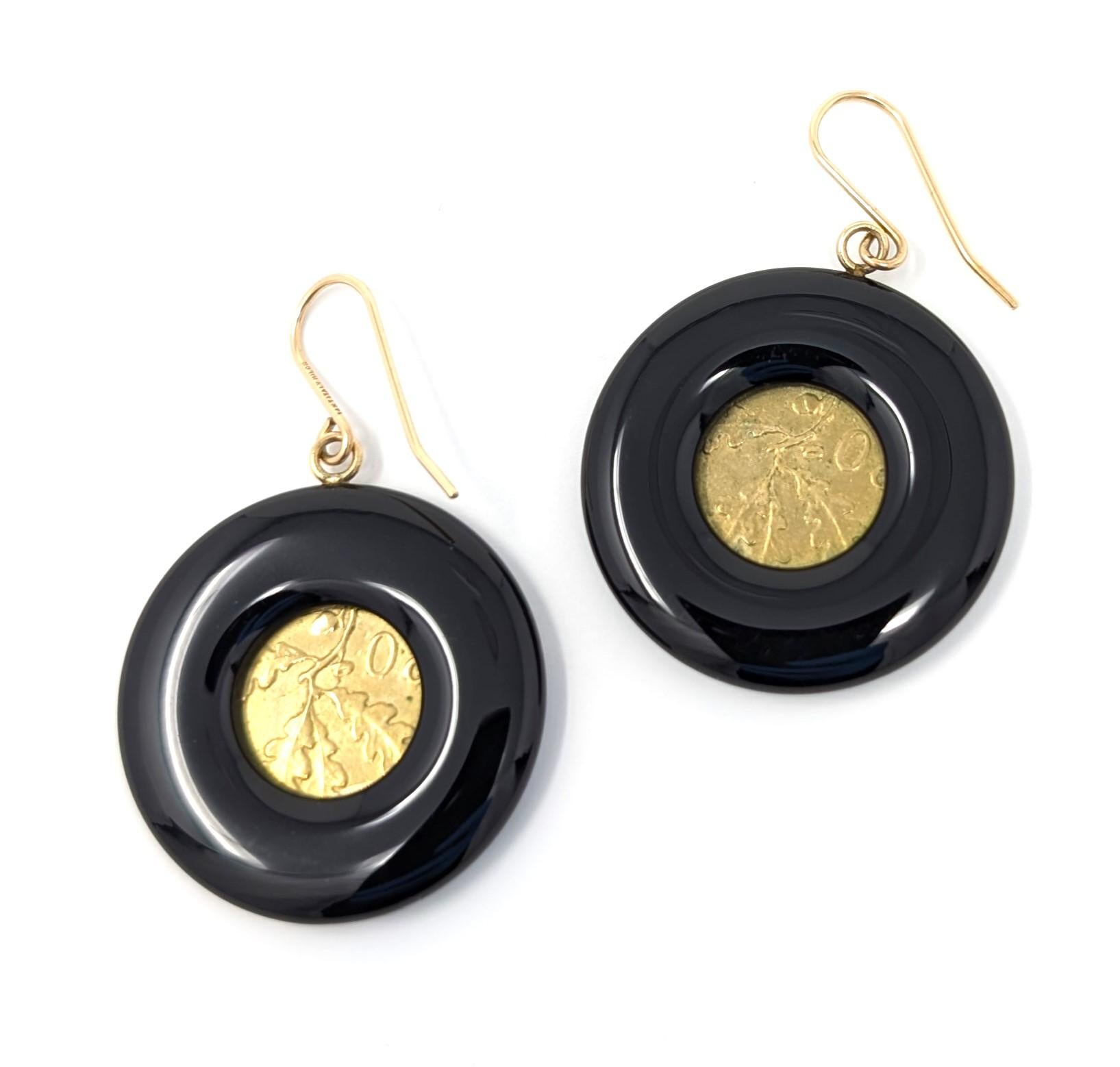 Vintage 14k Matrosen Italien Lira Münze & Onyx Ohrringe Tropfen-Ohrringe Gelbgold Signiert im Zustand „Gut“ im Angebot in Greer, SC