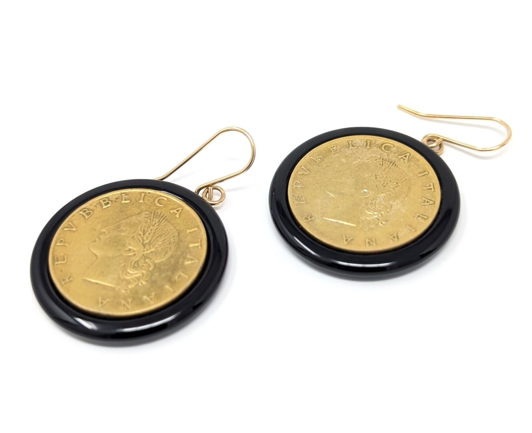Vintage 14k Matrosen Italien Lira Münze & Onyx Ohrringe Tropfen-Ohrringe Gelbgold Signiert für Damen oder Herren im Angebot