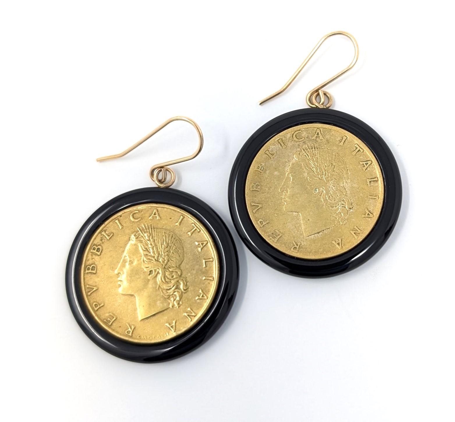 Vintage 14k Matrosen Italien Lira Münze & Onyx Ohrringe Tropfen-Ohrringe Gelbgold Signiert im Angebot 1