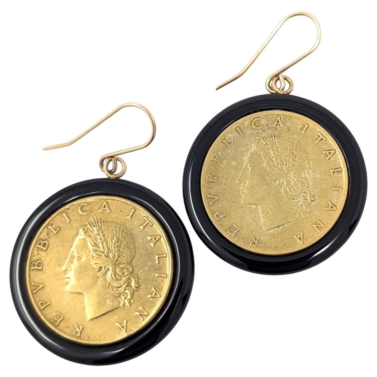 Vintage 14k Matrosen Italien Lira Münze & Onyx Ohrringe Tropfen-Ohrringe Gelbgold Signiert im Angebot
