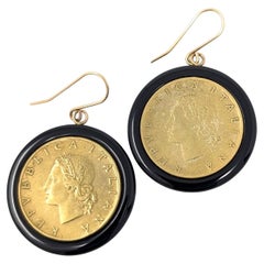 Vintage 14k Milor Italy Lira Coin & Onyx Earrings Drop Dangle Yellow Gold Signed