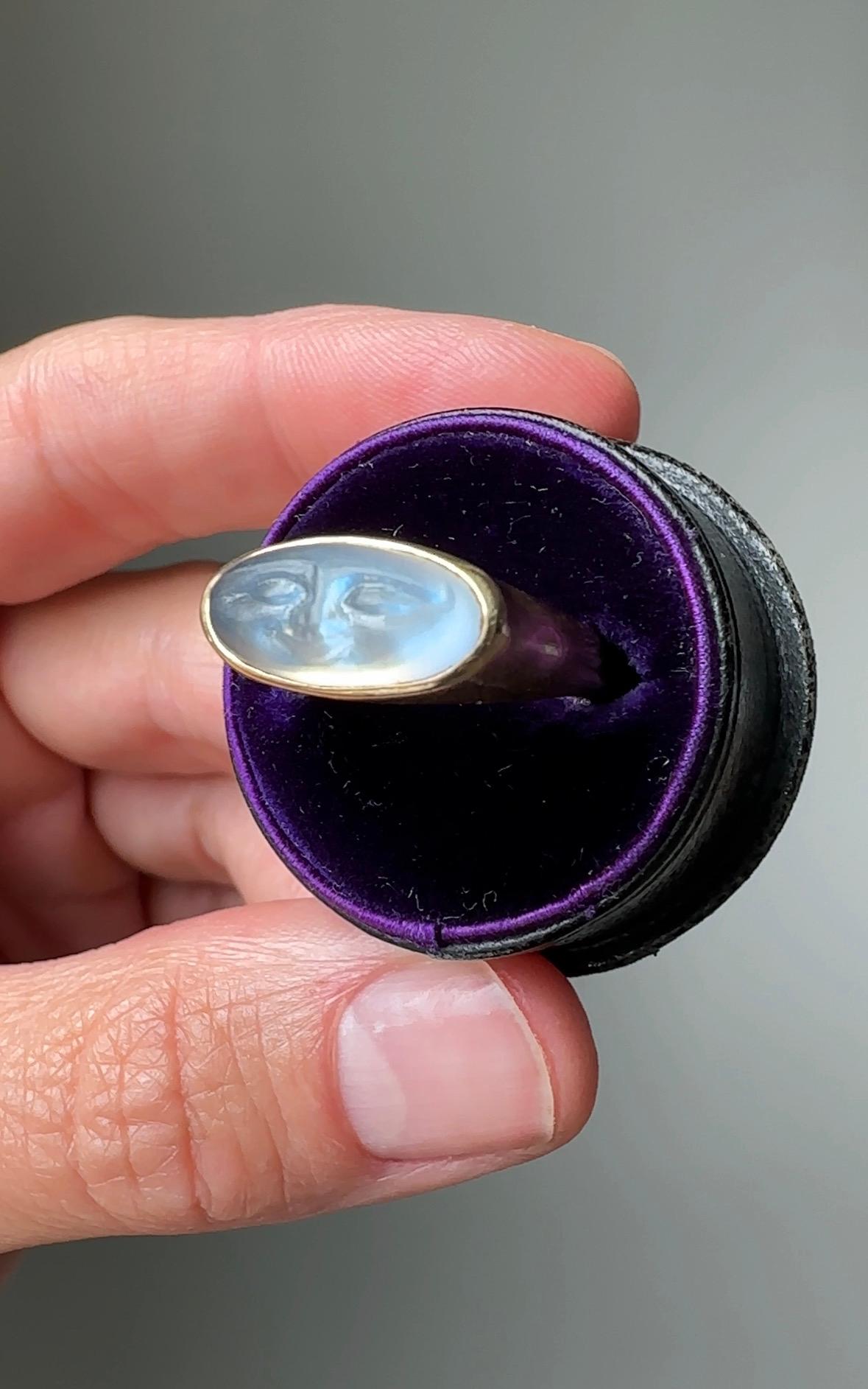 Cabochon Vintage 14K Moonstone Man in the Moon Ring For Sale