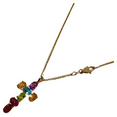 Vintage 14k Gold Multi-Stone Cross Pendant Necklace