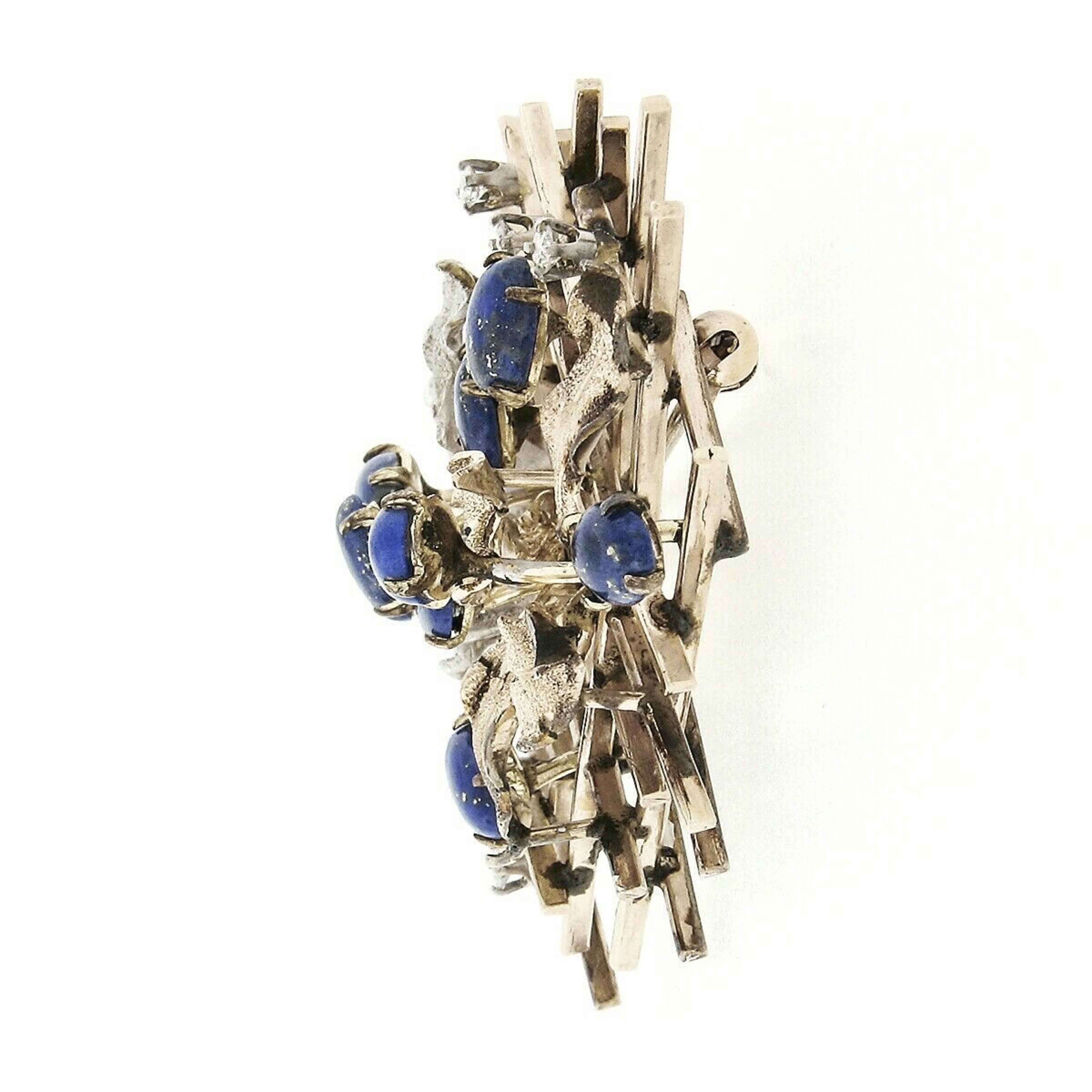 Women's or Men's Vintage 14K Multi Tone Gold Blue Lapis & Diamond Textured Leaves Grid Brooch Pin For Sale