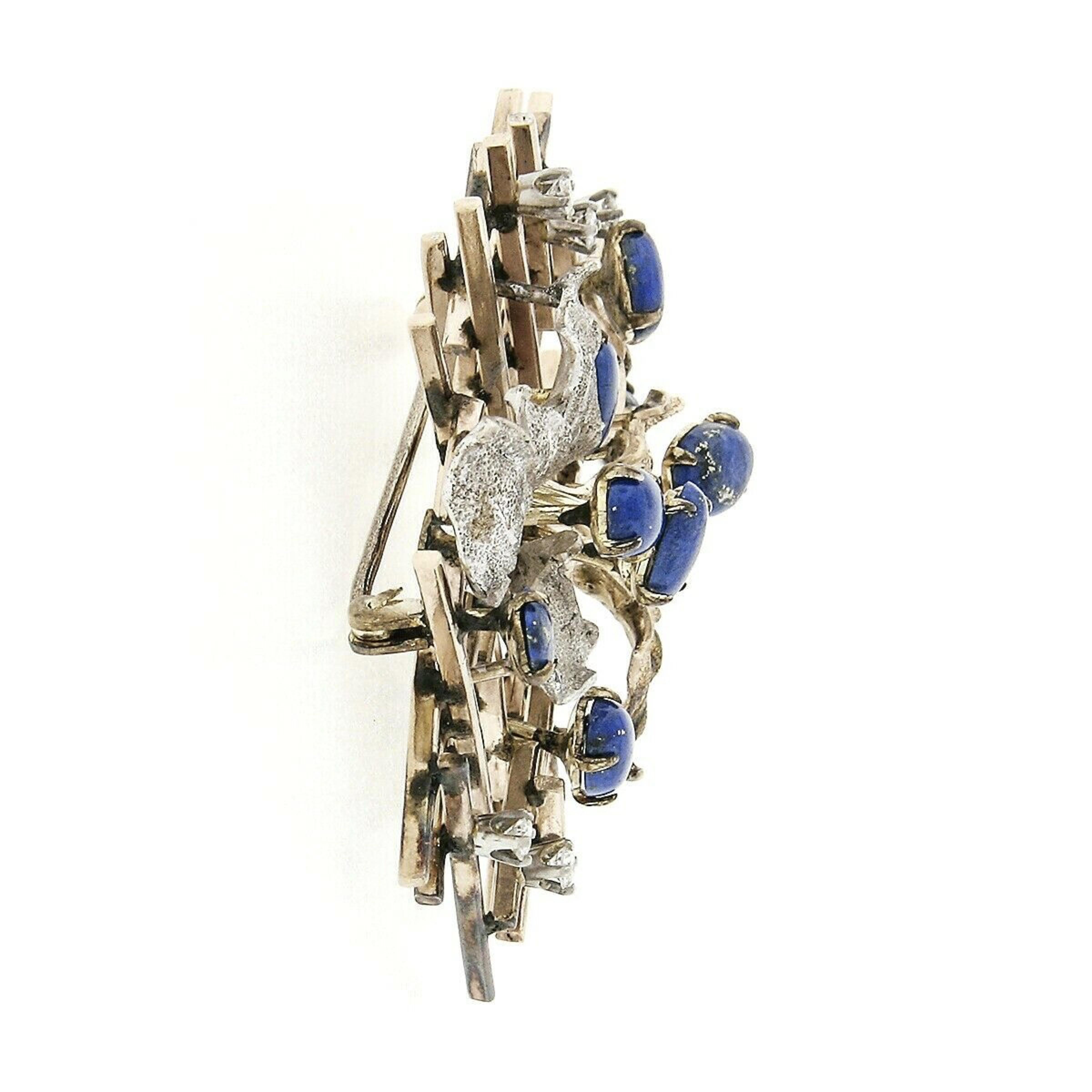 Vintage 14K Multi Tone Gold Blue Lapis & Diamond Textured Leaves Grid Brooch Pin For Sale 1