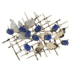 Vintage 14K Multi Tone Gold Blue Lapis & Diamond Textured Leaves Grid Brooch Pin