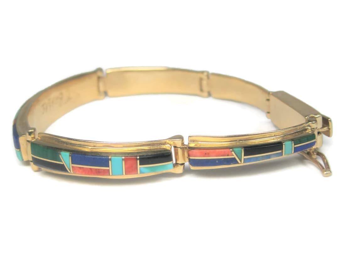 Vintage 14K Native American Inlay Bracelet For Sale 1