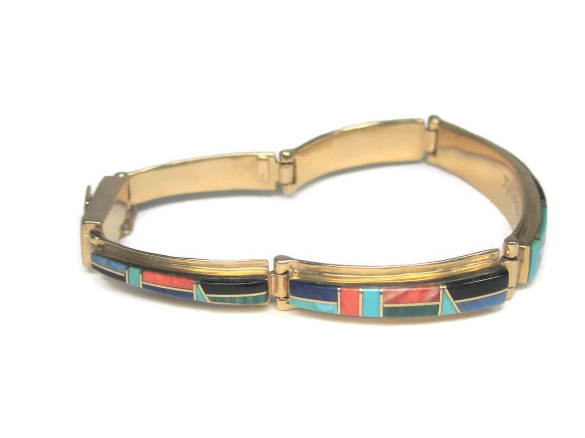 Vintage 14K Native American Inlay Bracelet For Sale 3