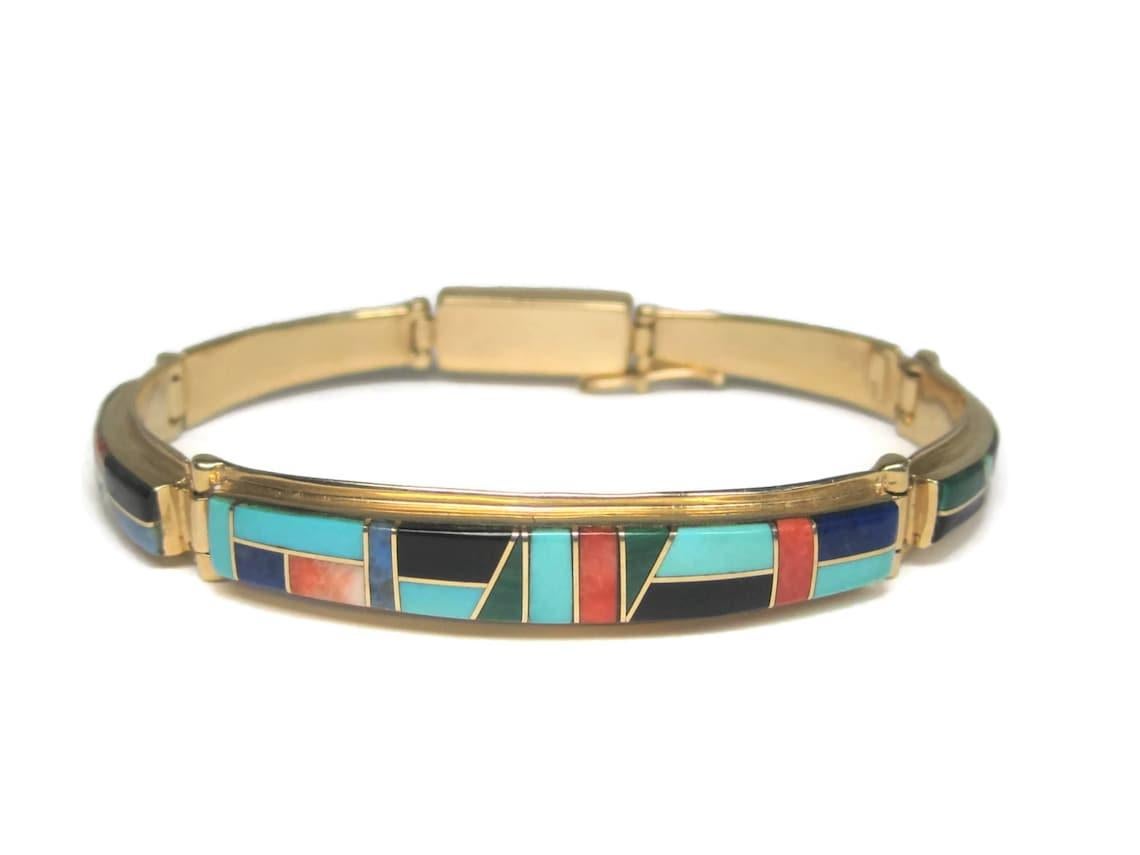 Vintage 14K Native American Inlay Bracelet For Sale 4