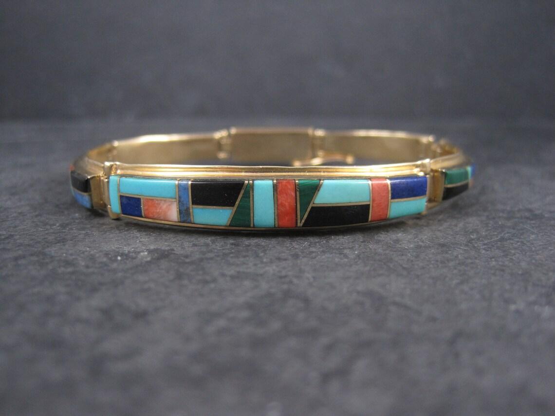 Vintage 14K Native American Inlay Bracelet For Sale 5