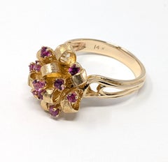 Vintage 14k Natural Ruby Cluster Ring Solid Yellow Gold Bow Cocktail US Size 9