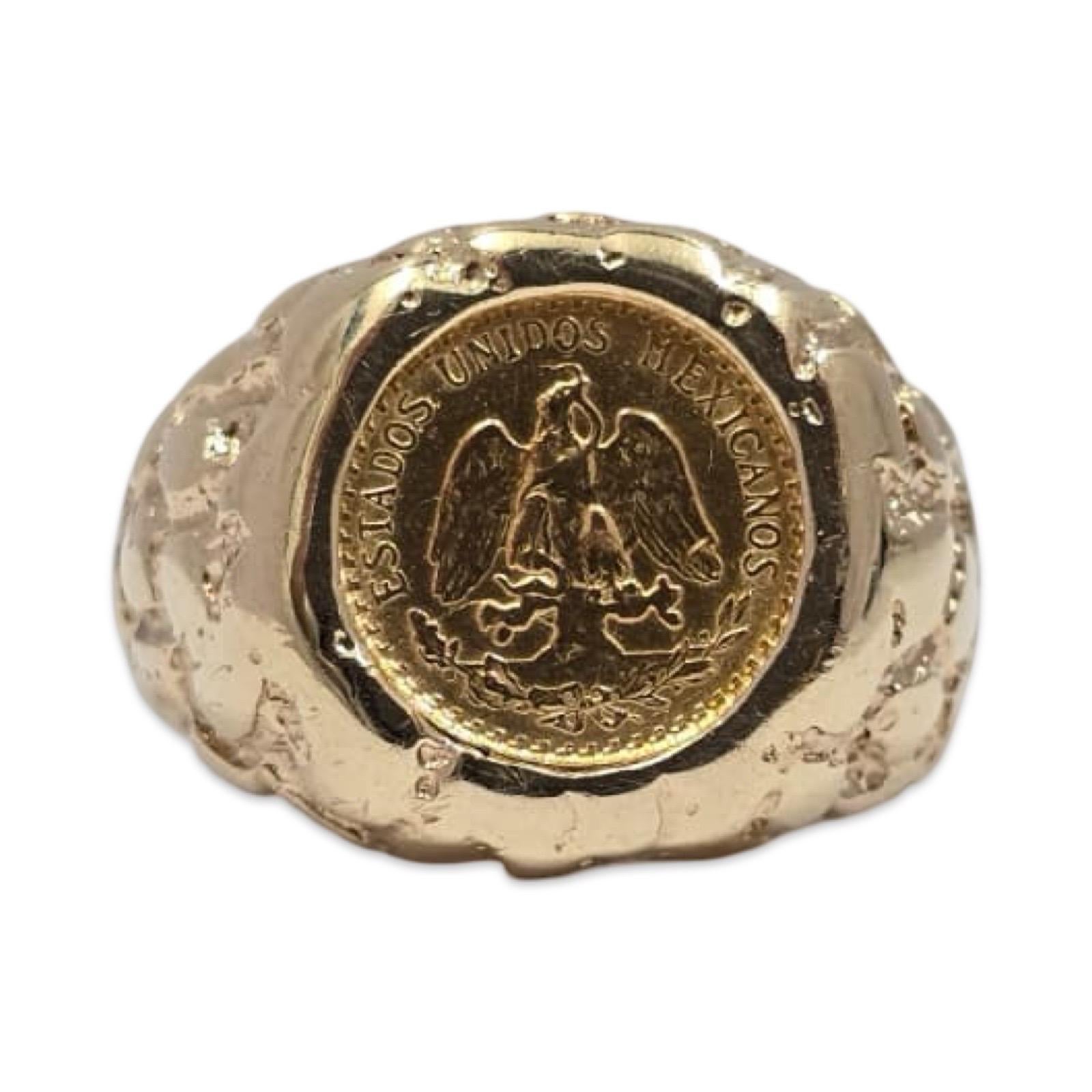 Vintage 14k Nugget Ring with Authentic Mexican Dos Pesos Gold Coin In Excellent Condition For Sale In Miami, FL