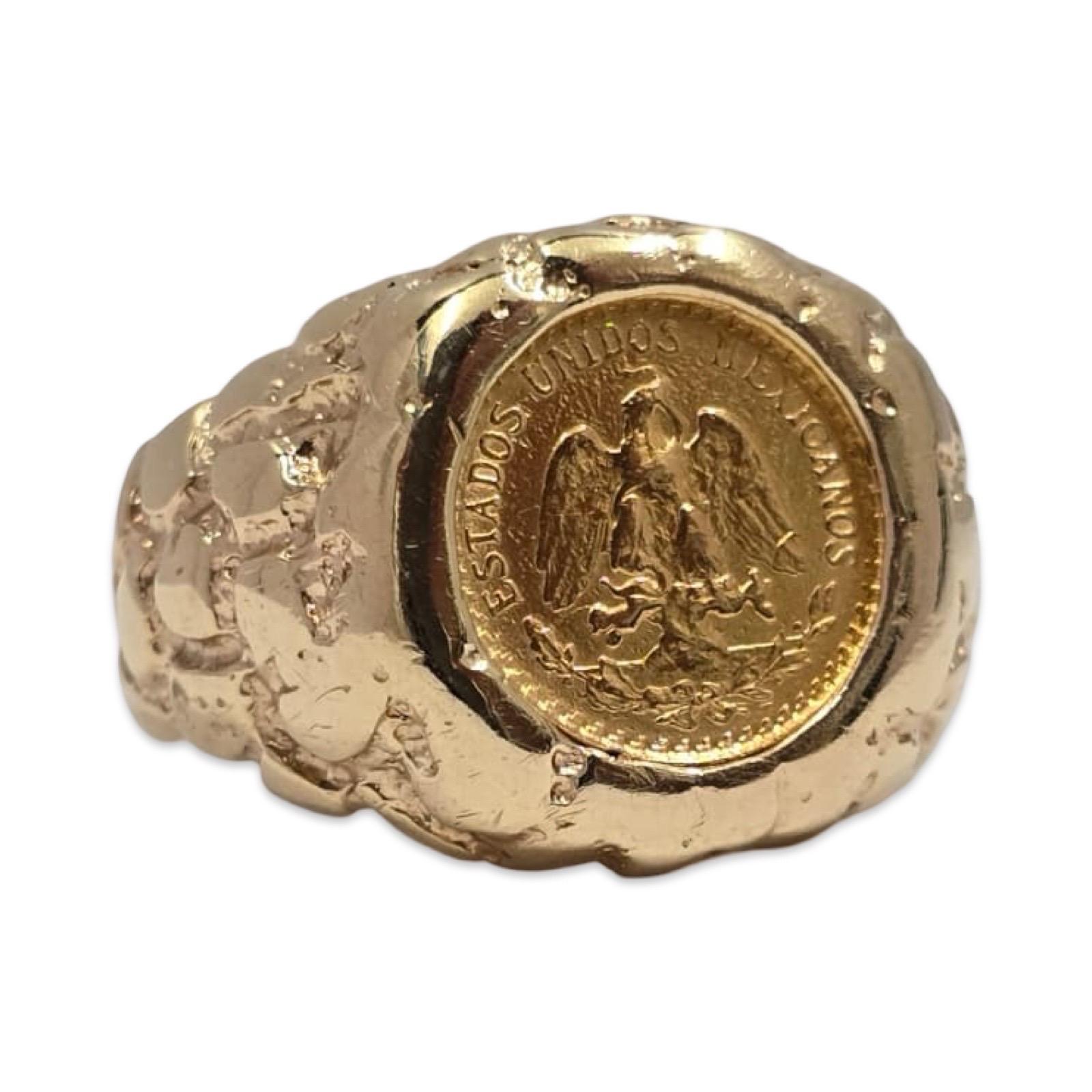 Men's Vintage 14k Nugget Ring with Authentic Mexican Dos Pesos Gold Coin For Sale