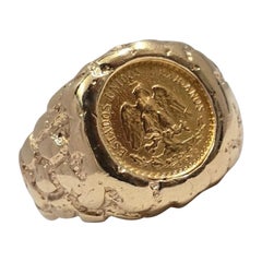 Vintage 14k Nugget Ring with Authentic Mexican Dos Pesos Gold Coin (bague en pépite avec pièce de monnaie mexicaine en or)