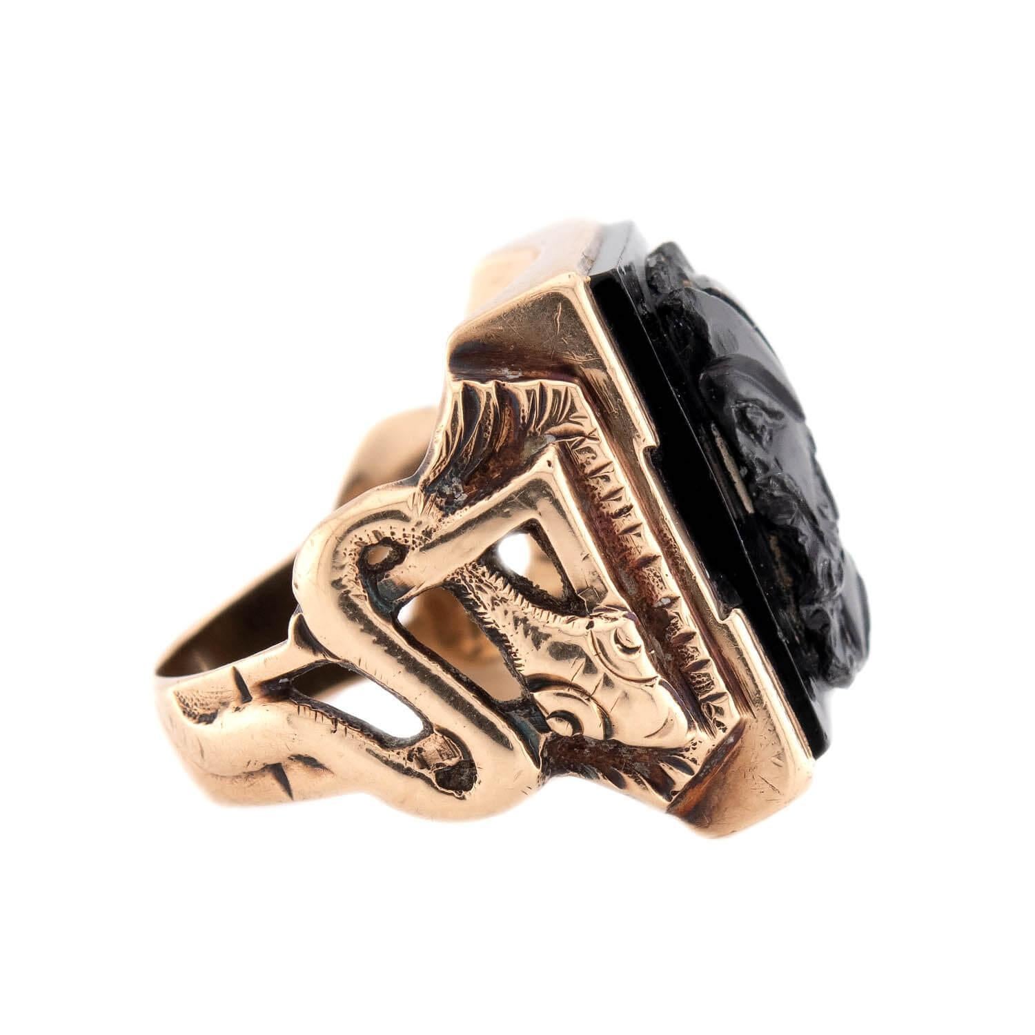Retro Vintage 14k Onyx Cameo Statement Ring For Sale