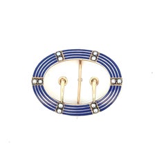 Vintage 14k Oval Blue Enamel Micro Pearl  Buckle Brooch