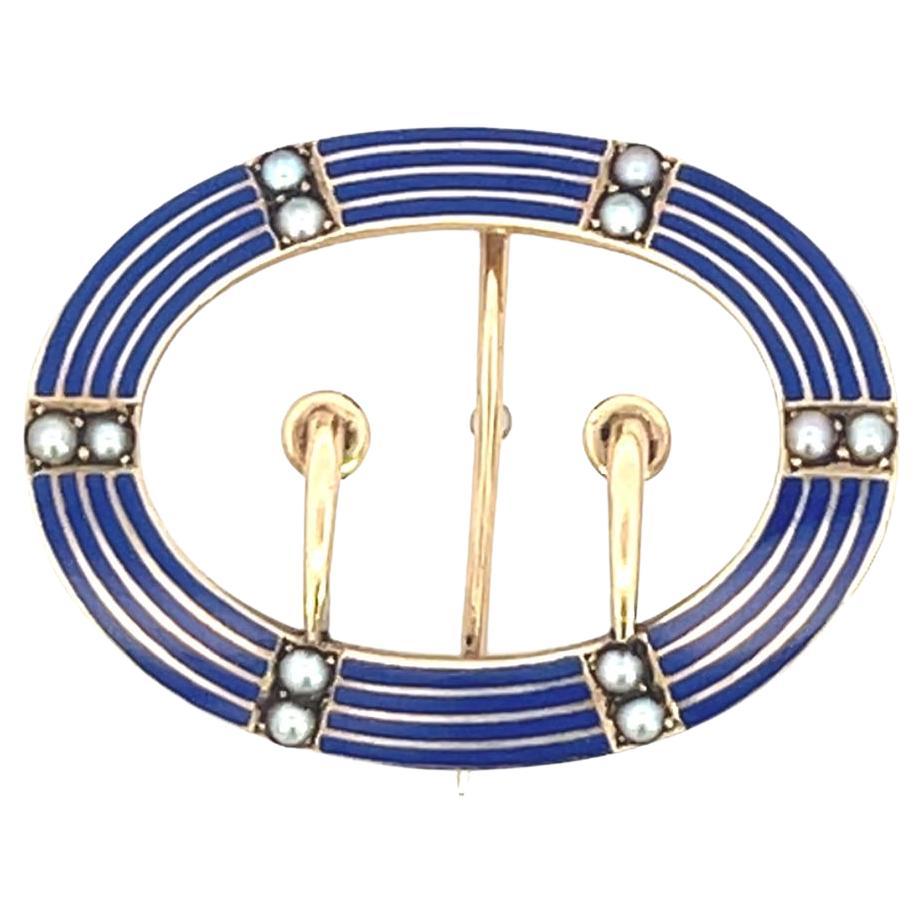 Vintage 14k Ovale Émail Bleu Micro Perle Broche à boucles