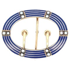 Vintage 14k Ovale Émail Bleu Micro Perle Broche à boucles