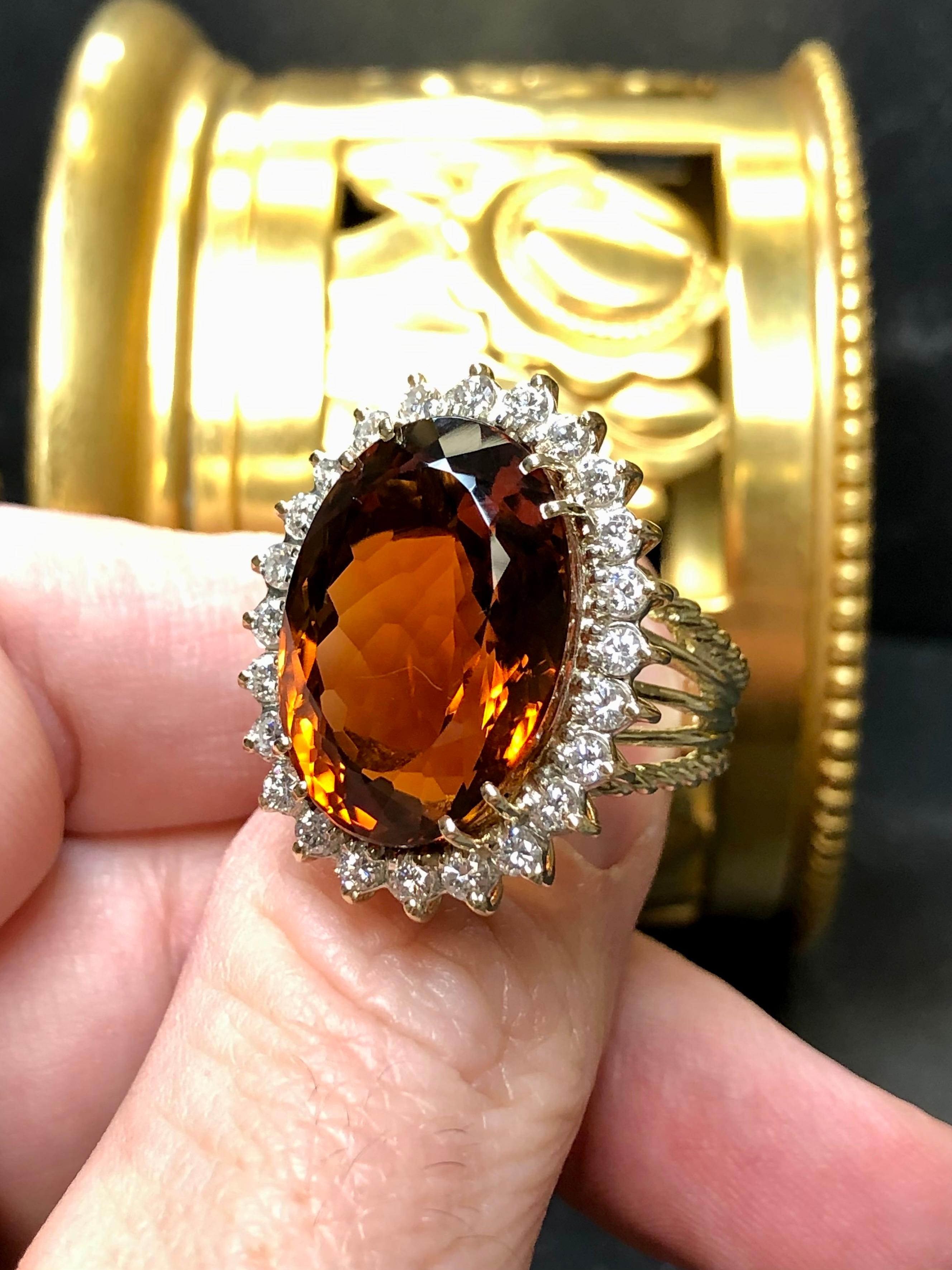 Oval Cut Vintage 14K Oval Madeira Orange Citrine Diamond Cocktail Ring 19.80cttw For Sale