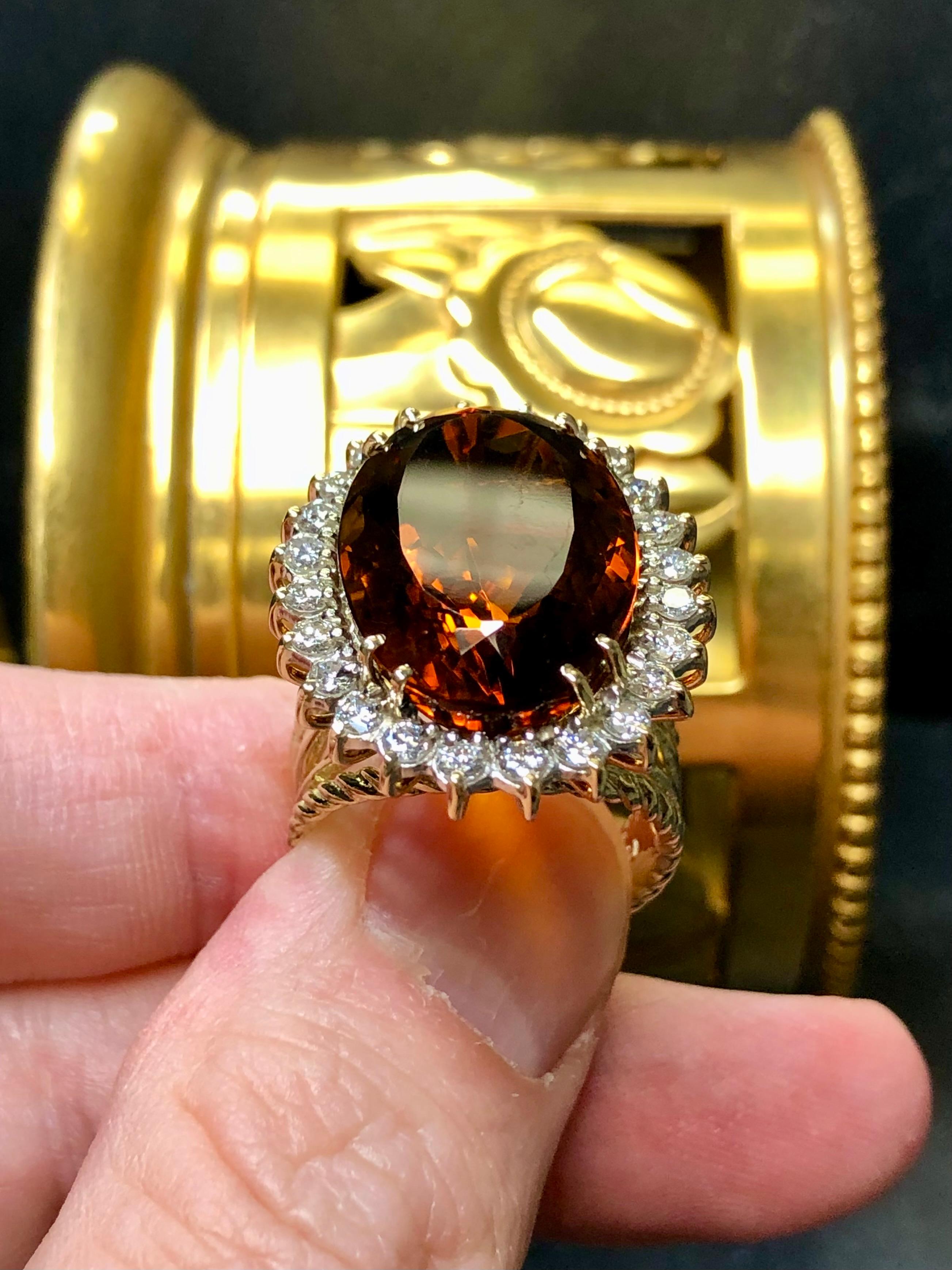 Women's or Men's Vintage 14K Oval Madeira Orange Citrine Diamond Cocktail Ring 19.80cttw For Sale