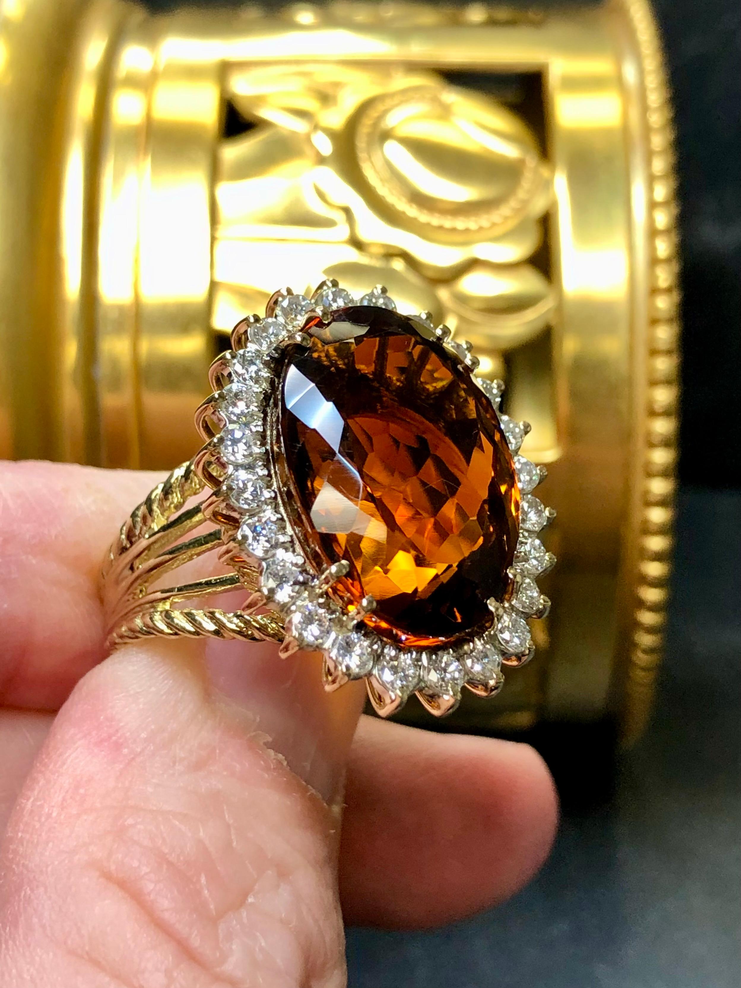 Vintage 14K Oval Madeira Orange Citrine Diamond Cocktail Ring 19.80cttw For Sale 1