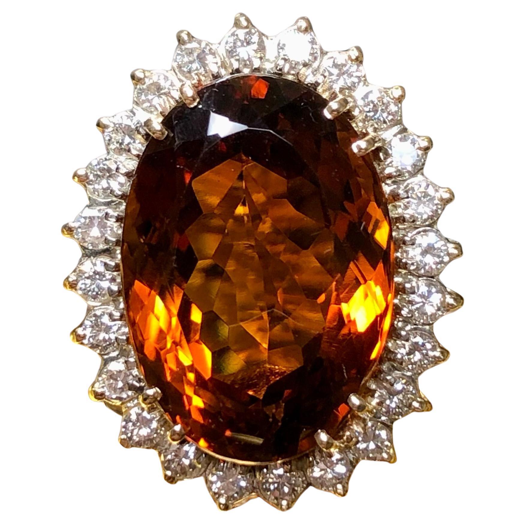 Vintage 14K Oval Madeira Orange Citrine Diamond Cocktail Ring 19.80cttw For Sale