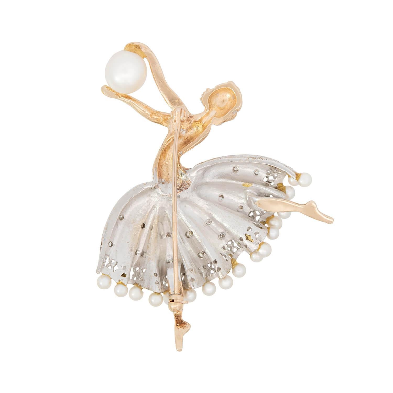 Retro Vintage 14k Pearl Ballerina Pin For Sale