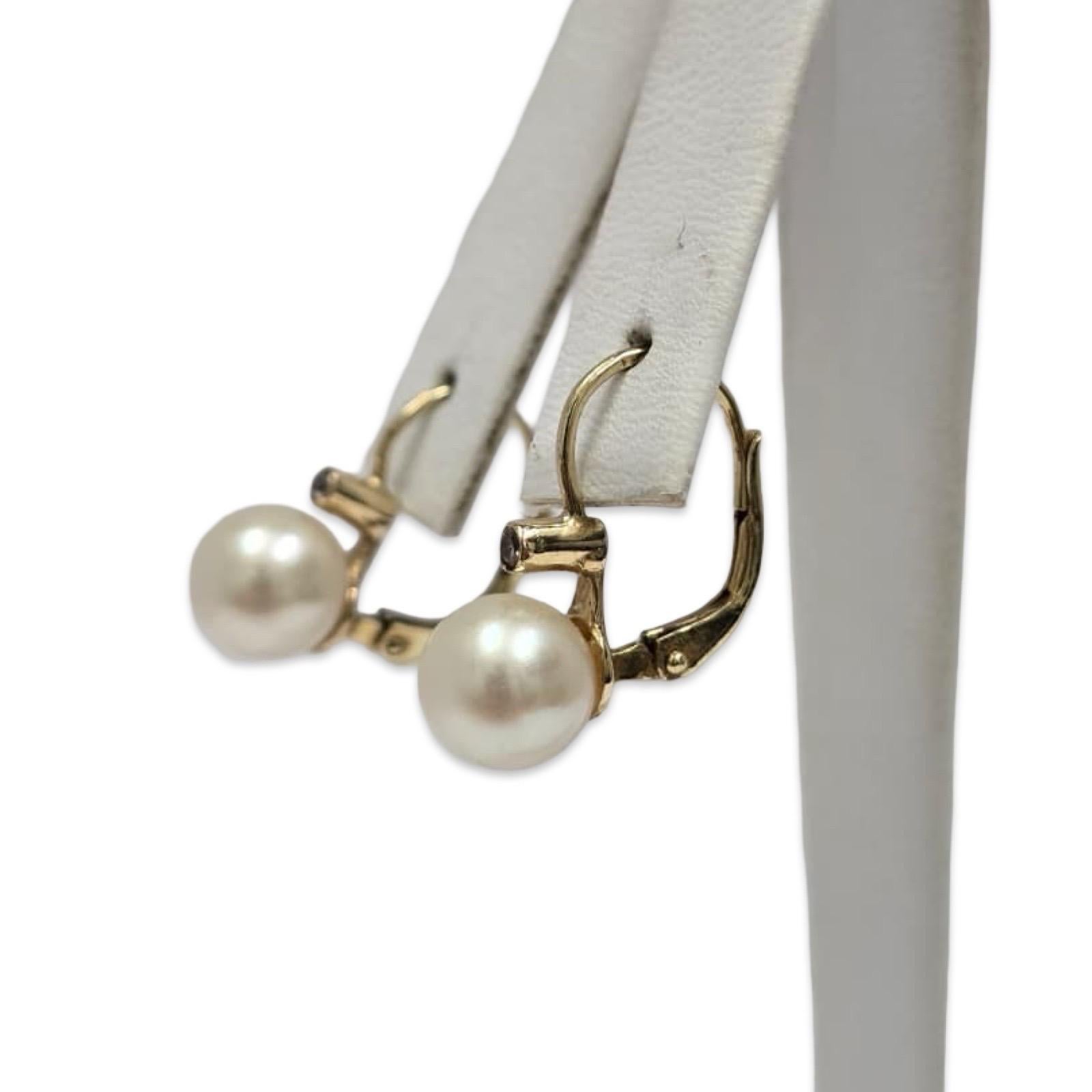 Pendientes Vintage de Perla de 14K con Detalles de Diamantes en venta 1