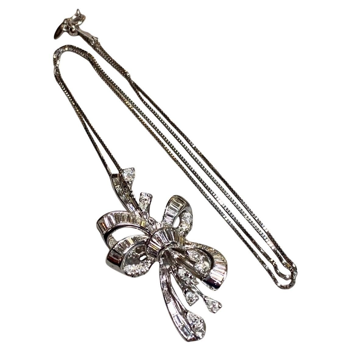 Vintage 14K Platinum Baguette Diamond Swirl Bow Brooch Pendant Necklace 2.80ctw For Sale