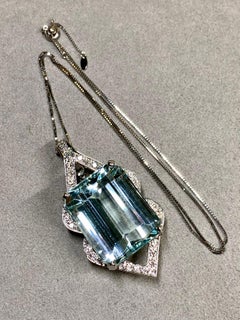 Vintage 14K Platinum Emerald Cut Aquamarine Diamond Pendant Enhancer 41ctw