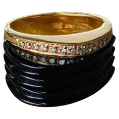 Vintage 14k geriffelter Onyx Ring mit Diamanten Einzigartig