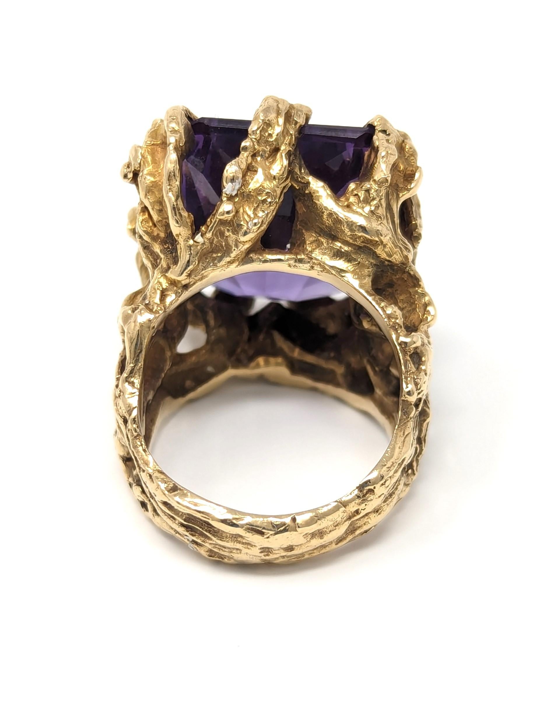 Modernist Vintage 14k Ring Color Change Sapphire Purple Brutalist Freeform Size 6.75 For Sale