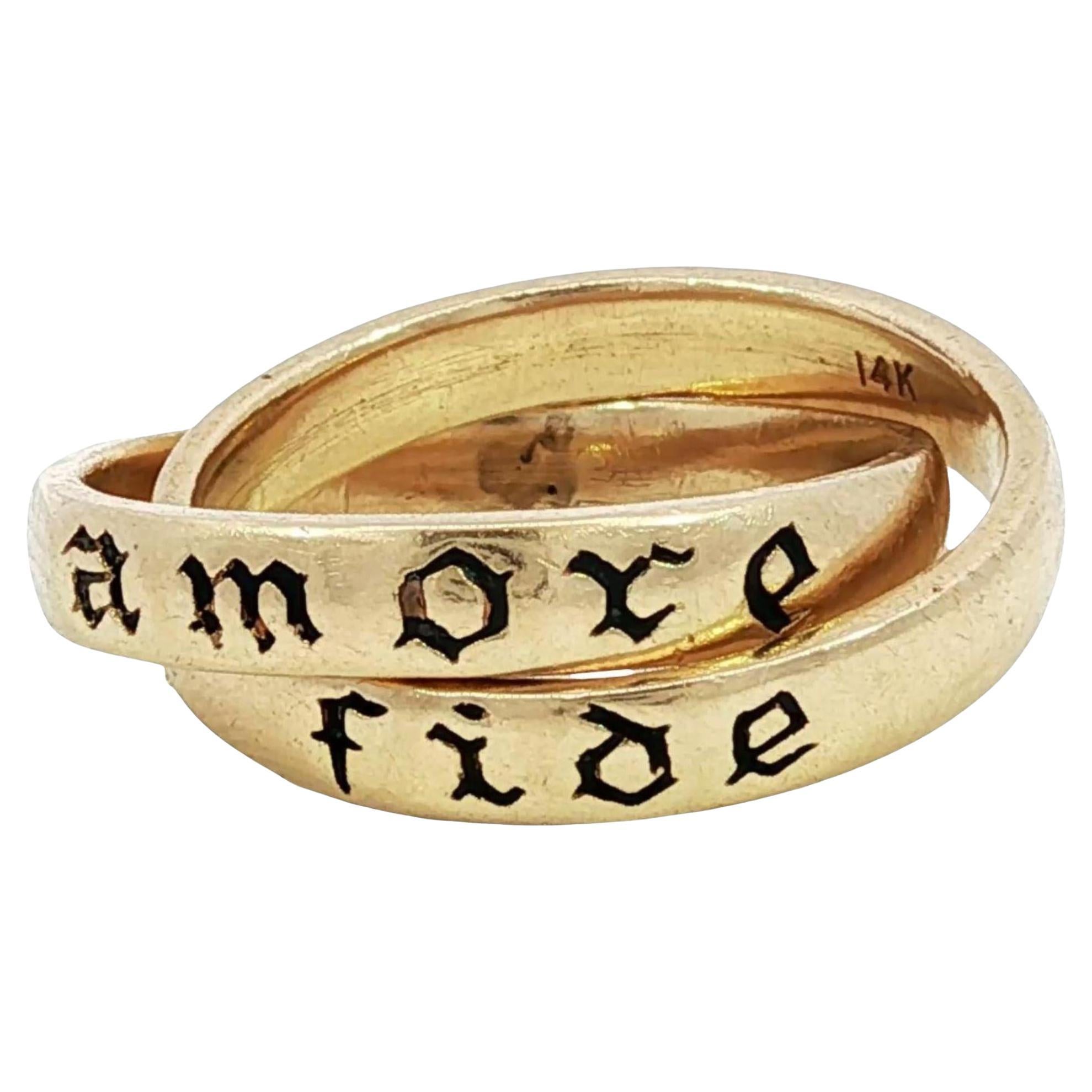 Vintage 14K Rolling Ring Yellow Gold Black Enamel SZ6 
Amore Fide
 
Love Faith
 For Sale