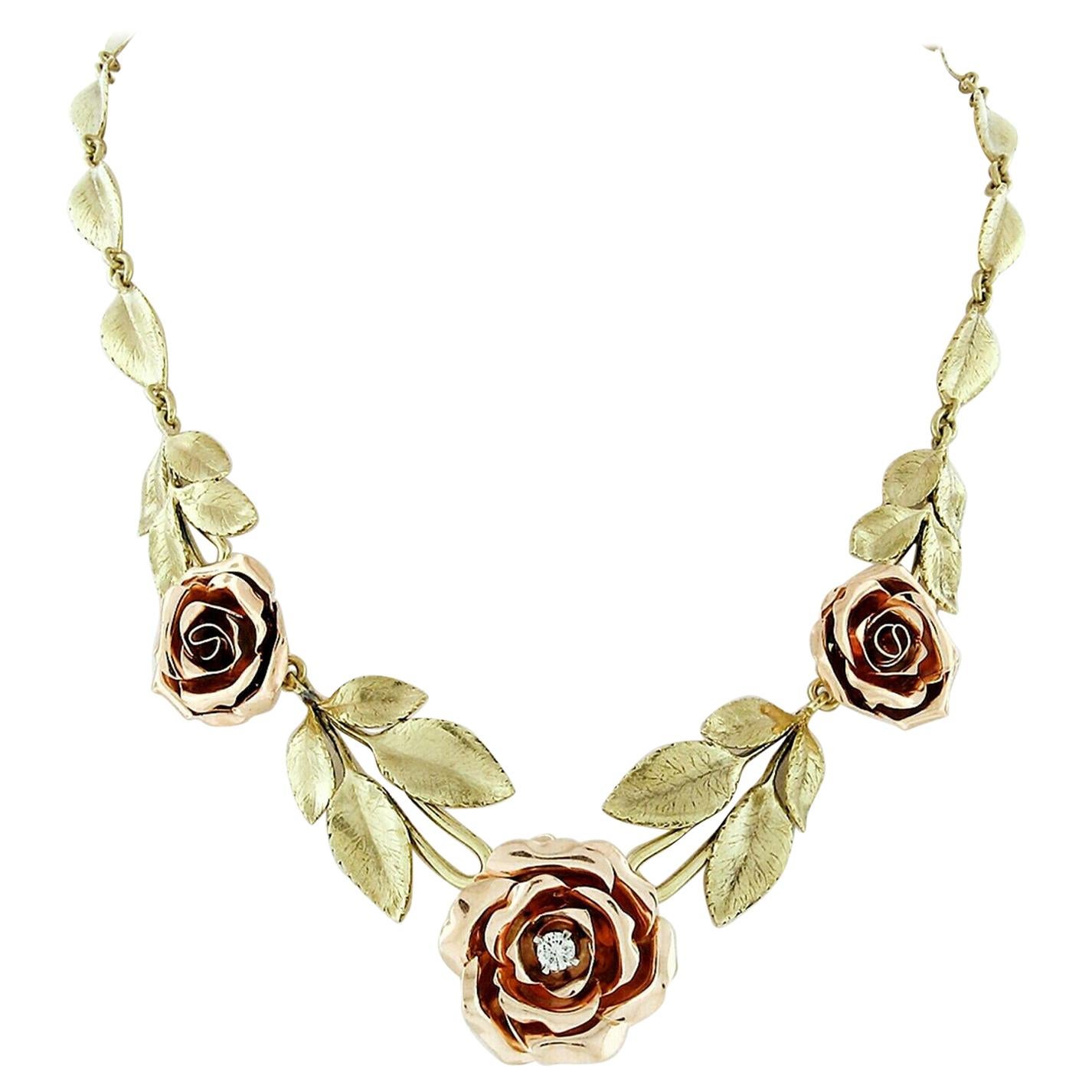 Vintage 14K Rose and Green Gold Rose Flower Diamond Leaves Statement Necklace