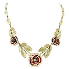 Vintage 14K Rose and Green Gold Rose Flower Diamond Leaves Statement Necklace