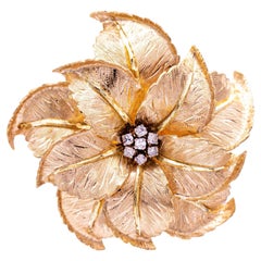 Vintage 14K Rose and Yellow Gold and Diamonds Flower Brooch Pin Large Size