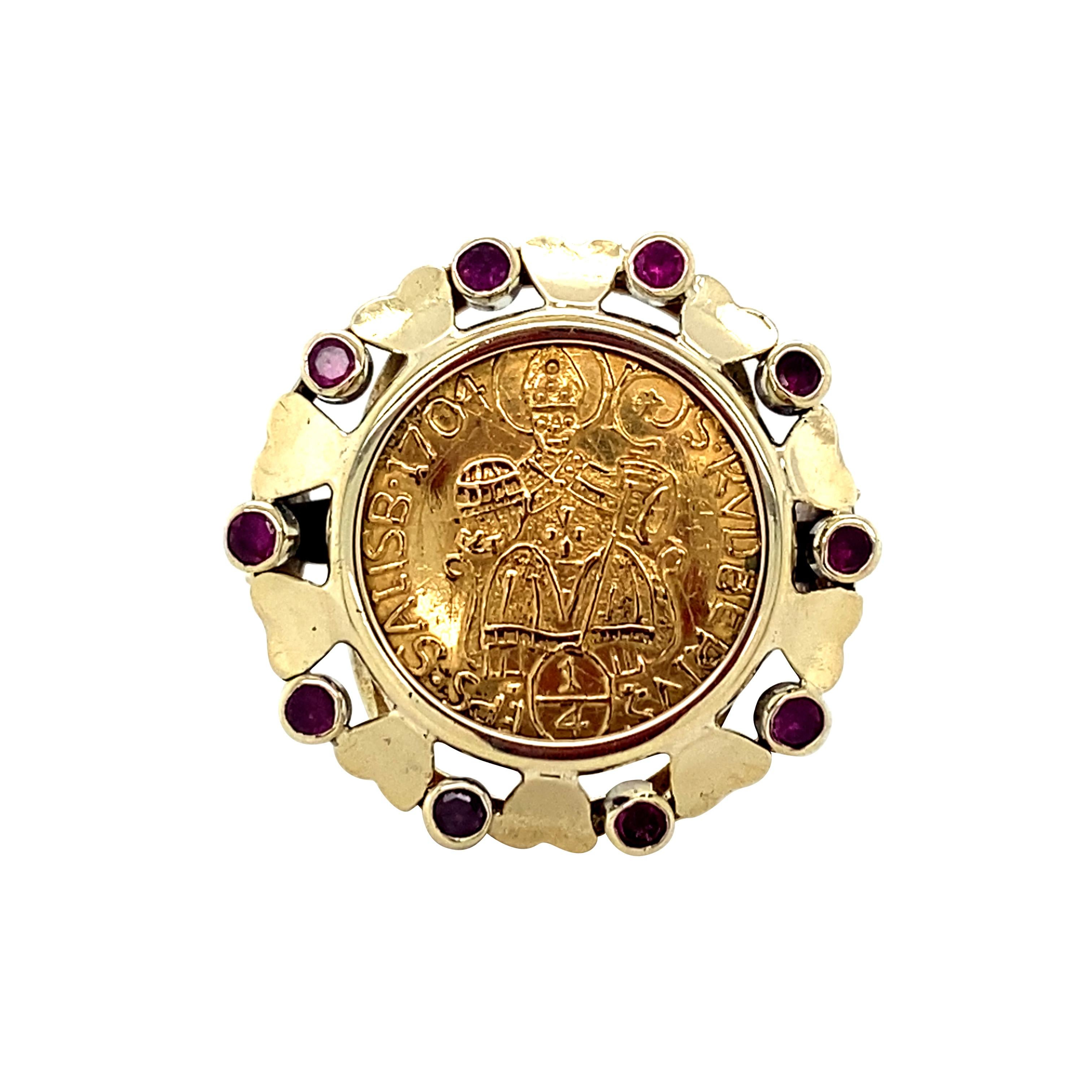 Brilliant Cut Vintage 14K Rose and Yellow Gold Coin Ring with Ruby Halo For Sale