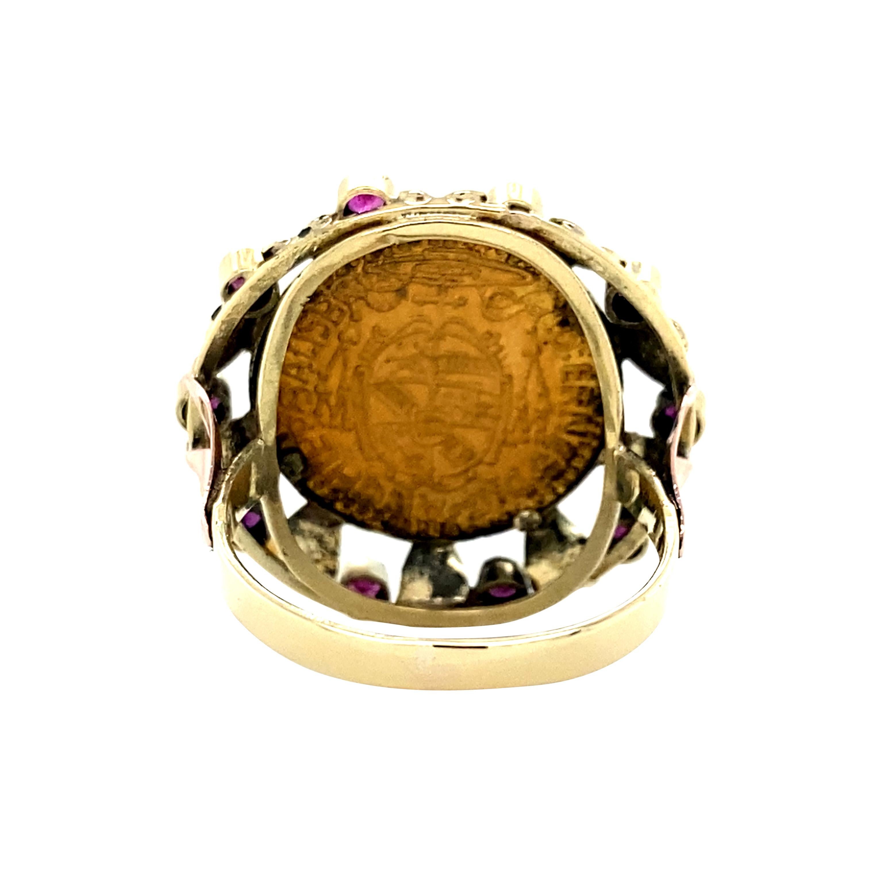 Women's or Men's Vintage 14K Rose and Yellow Gold Coin Ring with Ruby Halo For Sale
